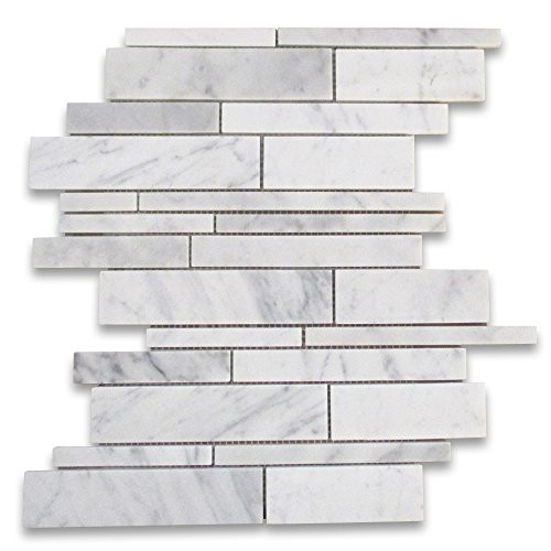 Stone Center Online Carrara White Marble Random Strip Modern Brick Mosaic Tile Honed for Kitchen Backsplash Bathroom Flooring Shower Surround Dining Room Entryway Corrido Spa -1 Sheet-