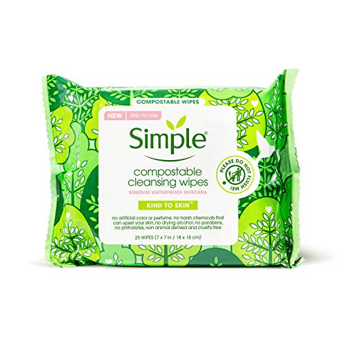 Simple Compostable Cleansing Wipes Facial Wipes for Removing Makeup Kind to Skin No Artificial Perfume or Color Paraben Free Phthalate Free 25 Wipes