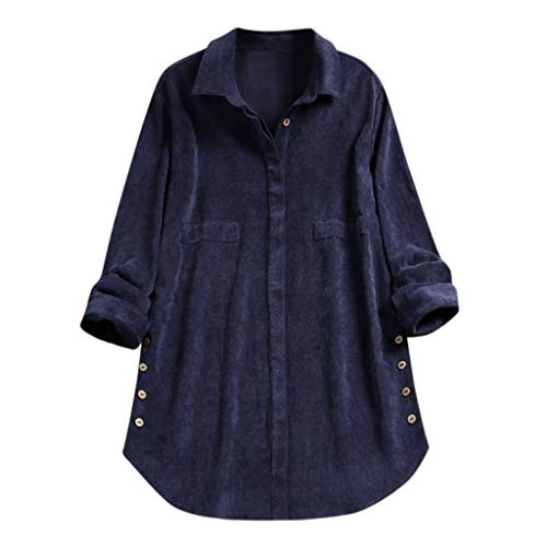 FILOL Women Casual Solid V-Neck Long Sleeve Blouse Shirt Loose Button Tops Navy
