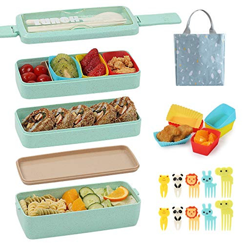 Bento Box for Kids with Silicone Cupcake Baking Cups  and  Food Picks for Kids3-In-1 Compartment Lunch Box Wheat Straw Eco-Friendly Bento Lunch Box with Dividers Meal Prep Containers for Kids - Green-