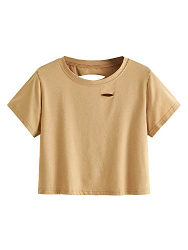 SweatyRocks Women's Summer Short Sleeve Tee Distressed Ripped Crop T-Shirt Tops Light Khaki XL