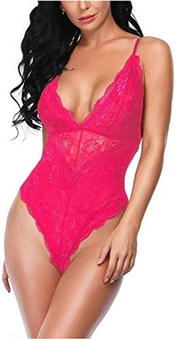Aranmei Women Deep V Sexy Lace Bodysuit Snap Crotch Lingerie Teddy Underwear -Rose Red Large- Aranmei Women Deep V Sexy Lace Bodysuit Snap Crotch Lingerie Teddy Underwear -Rose Red Large-