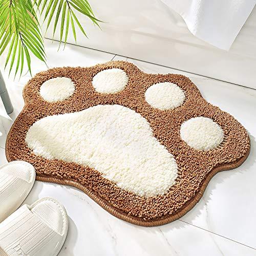 Paw Shaped Bathroom Rug Non-Slip Bath Mat 17.7 x 23.6 Soft Microfiber Water Absorbent Thick Shaggy Shower Rug Machine Washable Bath Rug for Bathroom Brown