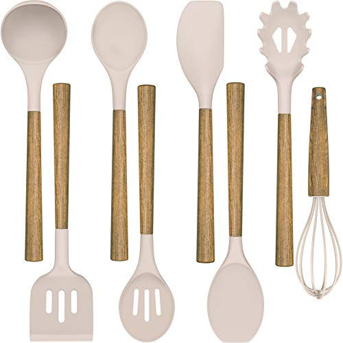 Silicone Cooking Utensil SetUmite Chef 8-Piece Kitchen Utensils Set with Natural Acacia Wooden HandlesFood-Grade Silicone Heads-Silicone Kitchen Gadgets and Spatula Set for Nonstick Cookware - Khaki