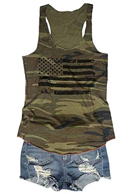 FLOYU Women's Camouflage Patriotic American Flag Graphic Print Casual Sleeveless 4th of July Tank Tops -Green Medium-