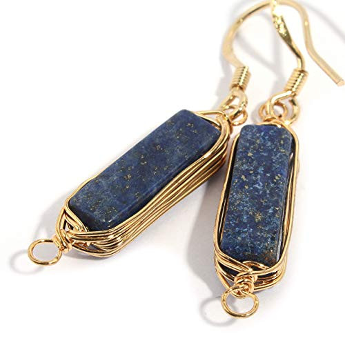Genuine Natural Gemstone Wire Wrap Dangle Drop Earrings Gold Plated 925 Sterling Silver Hook-Lapis Lazuli 14mm Bar Genuine Natural Gemstone Wire Wrap Dangle Drop Earrings Gold Plated 925 Sterling Silver Hook-Lapis Lazuli 14mm Bar