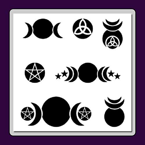 12 X 12 inch Wiccan Symbols Stencil Template Triple Moons-Pentagram-Triquetra-Stars-Horned God