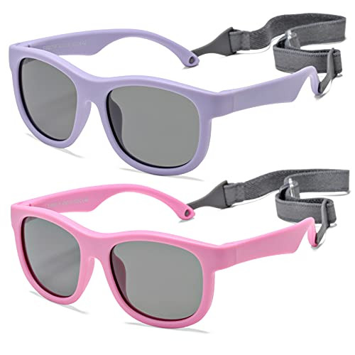 Flexible Polarized Baby Sunglasses with Adjustable Strap for Toddler Newborn Infant Age 0-24 Months 100 percent UV Protection -Pink-Gray  plus Purple-Gray- - 2 Pack