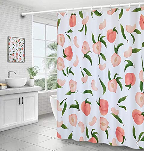 MoFCravy Peach Shower Curtain for Bathroom Cute Fruit Shower Curtain Set with 12 Hooks Colorful Shower Curtain Bathroom Decor of Waterproof Fabric Material 72''×72'' Peachy Pink