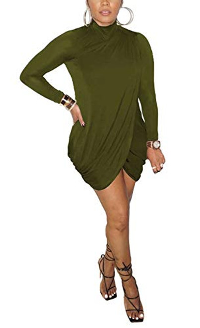 Aro Lora Women Sexy High Neck Wrap Front Ruched Bodycon Short Mini Club Dress X-Large Army Green Aro Lora Women Sexy High Neck Wrap Front Ruched Bodycon Short Mini Club Dress X-Large Army Green