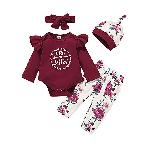 18 Months Girl Clothes Toddler Girl Little Sister Outfits Letter Print Ruffle Romper Floral Pants Headband Hat 12-18 Months Baby Girl Clothes Red