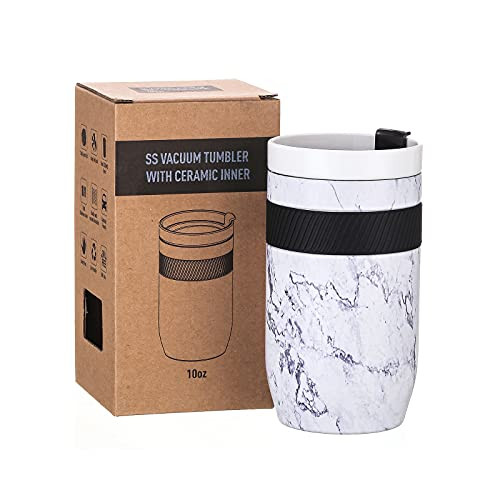 Insulated Ceramic Coffee Travel Mug -10 oz Double Wall Stainless Steel Ceramic Tumbler with Lid To Go Coffee Cup for Hot Drinks and Ice Beverage -White-