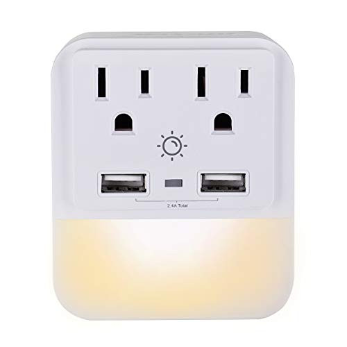 Maximm USB Wall Charger, Outlet Adapter, Surge Protector (1080 Joules) 2 USB Charger Ports(2.4A Total), 2 Outlet Extender Dusk-to-Dawn Sensor Night Light, White and ETL Certified