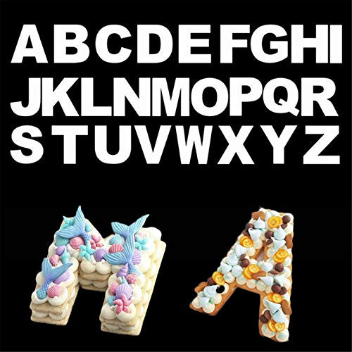 FVVMEED 26 Alphabet Cake Stencils Mold DIY Baking Stencil Flat Plastic Template Cookies Decorating Cutting Letter Outlines Mould Maker Birthday Cakes Design Valentine's Day Anniversary Party 6Inch
