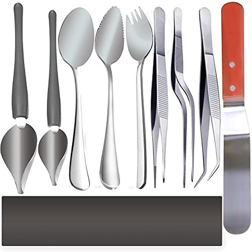 10 Pieces Precision Drawing Decorating SpoonStainless Steel Cooking TweezersPrecision Tongs with Serrated TipsCake Icing Decorating Spatula with Wooden Handle Professional Chef Plating Kits
