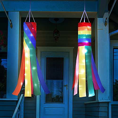 Hiboom Rainbow Windsocks 2 Pieces 40 Inch Colorful Light Up Hanging Rainbow Spiral Column Windsocks for Backyard Porch Campsite Garden Pride Decor