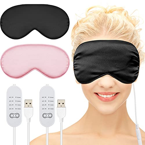 2 Pieces Silk Heated Eye Mask for Dry Eyes USB Steam Warm Compress for Puffy Eyes Adjustable Temp Sleep Eye Mask for Dry Eye Chalazion Blepharitis Stye Pink Eye Black and Pink