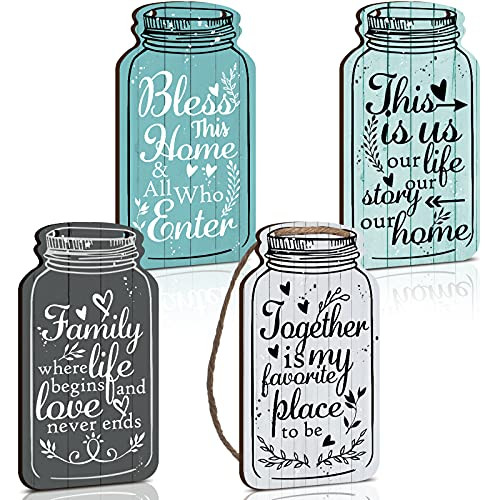 Jetec 4 Pieces Mason Jar Wall Hanging Plaque Bless This Home Sign This is us Together Family Home Rustic Farmhouse Hanging Decor Sign for Home Living Room Coffee Bar Kitchen Office Housewarming