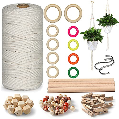 QWDLID Macrame Kit 109Yards Cotton Cord 3mm Macrame Plant Hanger Kits Includes Natural Rope Wooden Beads Wooden Rings Sticks Clips Hooks Macrame Supplies for Adults Beginners