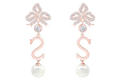 14k Rose Gold Plated Sterling Shell Pearl with Cubic Zirconia Bow Stud Earrings -7 mm-