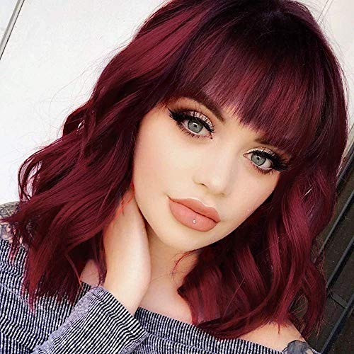 Short Wine Red wig with bangs Burgundy Shoulder Length Maroon Wigs 14 Inches Curly Wavy Synthetic Cosplay Wig Short Curly Bob Hair Wigs for Women