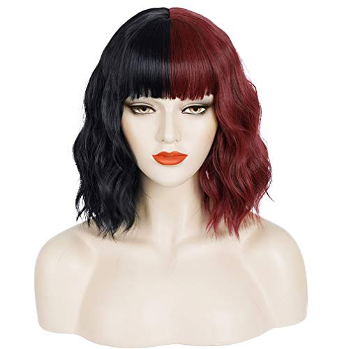 WTHCOS Black Wine Red Two Tone Wig Short Curly Wig with Bangs Split Wig Bob Wig Synthetic Wigs Cosplay Party Wig with Wig Cap