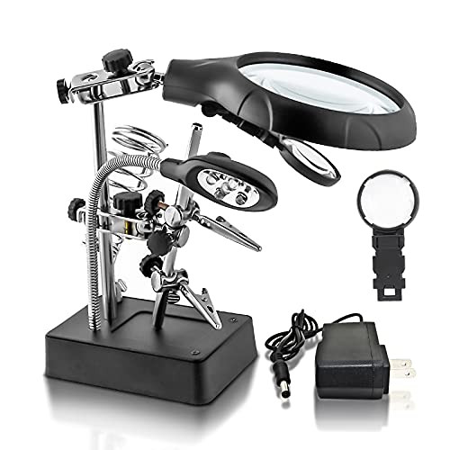 Desktop LED Lighted Magnifying Glass Soldering Station mlogiroa Adjustable Helping Hands Magnifier 2.5X 7.5X 10X Magnifying Glass Magnifier Station with LED Light and Alligator Clips for Soldering