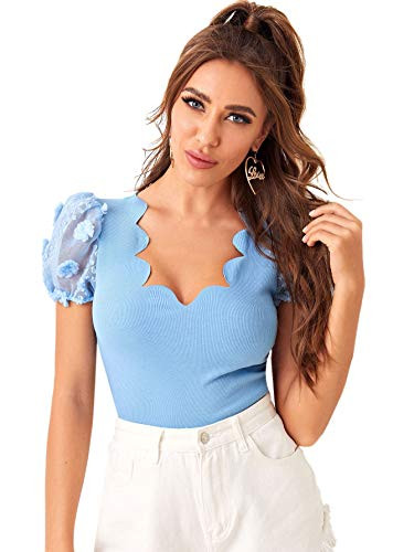 WDIRARA Women's Rib Knit Mesh Puff Sleeve Scallop Trim Elegant Slim Fit Top Blue XS