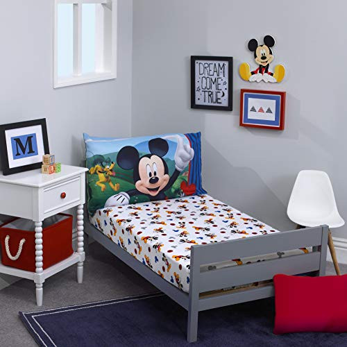 Disney Mickey Mouse - Blue Red Yellow 2Piece Toddler Sheet Set with Fitted Crib Sheet  and  Pillowcase Blue Red Yellow Green