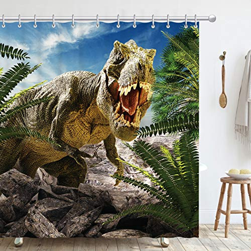 TABEST Dinosaur Bathroom Curtains Jurassic World Blue Sky Plants Wildlife Dinosaurs Wild Animal Polyester Fabric Waterproof Shower Curtains with Hooks for Bathroom Decor 72x72