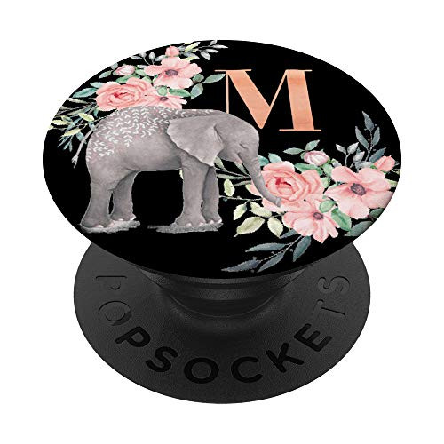 Elephant Flowers Black Monogram Name Initial Letter M PopSockets Grip and Stand for Phones and Tablets