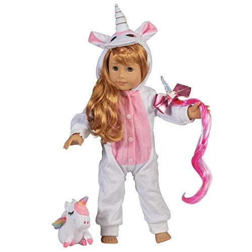 Unicorn Onesie Pajama Doll Outfit with Unicorn Pet and Hair Clip -3pc PJ Set- - Premium Handmade Clothes for American Girl Kindred Hearts Adora Our Generation and All 18 inch Dolls
