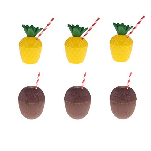 6pcs Pineapple & Coconut Drink Cups with Straw Hawaiian Luau Beach Theme Party Supplies