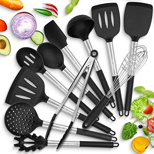 11 Silicone Cooking Utensils Kitchen Utensil set - Stainless Steel Silicone Kitchen Utensils Set - Silicone Utensil Set Spatula Set - Silicone Utensils Cooking Utensil Set - Kitchen Tools and Gadgets