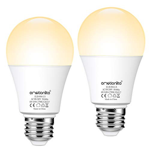 Emotionlite Dusk to Dawn Sensor Light Bulb, Warm White LED Bulbs, A19, 60 Watt Equivalent, Automatic On/Off, Porch, Patio, 8W, E26 Medium Base, 2 Pack