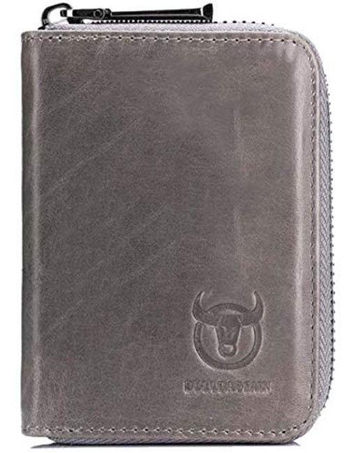 BULLCAPTAIN Genuine Leather Wallet Zipper Around RFID Blocking Wallet With Bifold Vintage Multi Card Holder Purse -Gray-
