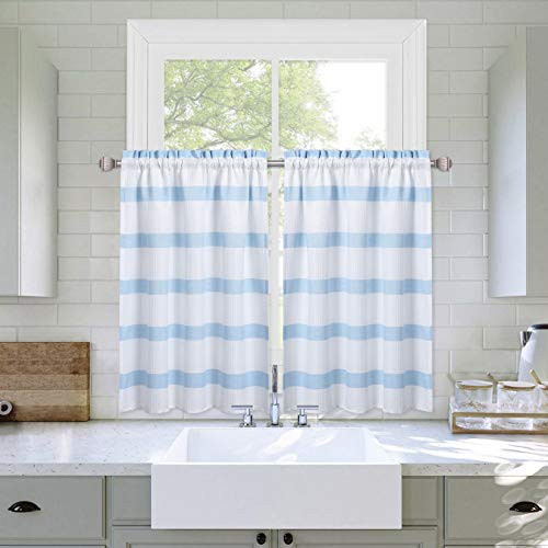 Haperlare Kitchen Tier Curtains Set Yarn Dyed Striped Pattern Curtains for Kitchen Cafe Curtains Waffle Weave Textured Window Treatment Set Rod Pocket Half Window Curtain 30" W x 24" L Blue