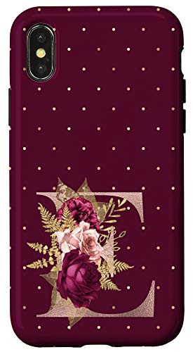 iPhone X-XS Maroon floral Initial Letter E monogram blush flowers Case