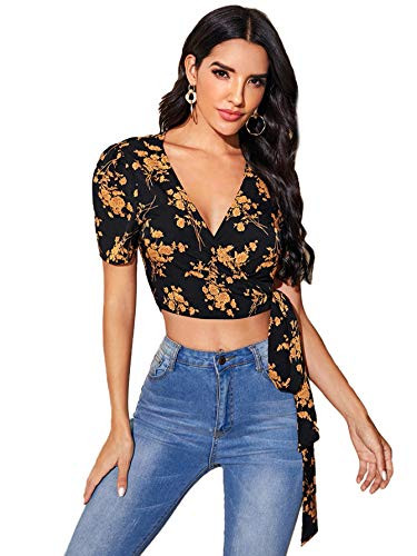 SheIn Women's V Neck Short Sleeve Self Tie Wrap Floral Crop Tops Blouse Floral Gold and Black Small