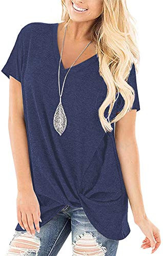 Women's Comfy Casual V Neck T Shirts Short Sleeve Loose Twist Knot Tunic Tops Blouse M Blue
