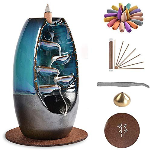 Waterfall Incense Holder Ceramic Backflow Incense Burner with 50 Backflow Incense Cones  plus 50 Incense Stick Aromatherapy Ornament Home Decor Office Yoga