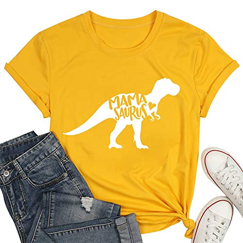 T and Twenties Mama Dinosaur Shirt Cute Mama Saurus Shirts for Women Casual Mom Dinosaur Mama Saurus Graphic Tee Shirt Yellow