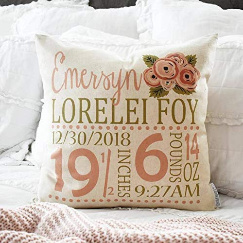 Wini2342ckey Personalized Birth Pillow CoverBirth Announcement Pillow CoverBirth Pillow CoverBaby Girl Birth PillowPink and Green 18"x18"