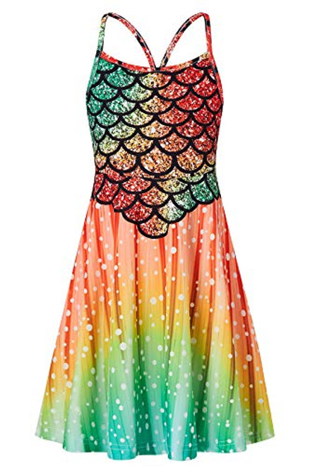RAISEVERN Kids Summer Dresses Girls Sundresses Spaghetti Strap Skater Dress for Juniors Mid-Length Halter Outfits Mermaid Casual Party Backless Orange Cami Clothes Size 10-13