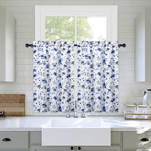 Haperlare Floral Pattern Cafe Curtains Tailored Watercolor Flower Bathroom Window Curtain Country Leaf Design Rod Pocket Half Window Kitchen Cafe Curtains 27" W x 24" L Navy-Grey Set of 2