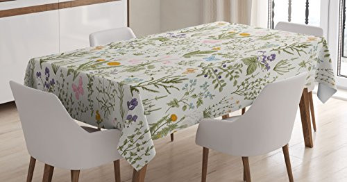 Ambesonne Floral Tablecloth, Vintage Garden Plants with Herbs Flowers Botanical Classic Design, Dining Room Kitchen Rectangular Table Cover, 52 W X 70 L Inches, Beige Reseda Green Pink Blue