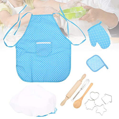 Chef Set for Kids 11PCs Cake Baking Role Play Set Kids Kitchen Costume Apron Chef Hat Cooking Mitt Cookie Cutters Kit-Blue-