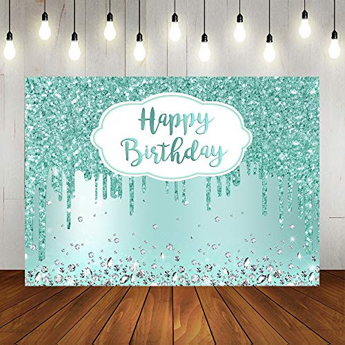 Lofaris Breakfast Blue Birthday Photography Backdrop Sliver Glitter Diamonds Happy Birthday Background Girls Sweet 16 18th 21th Birthday Party Decorations Cake Table Banner Supplies 7x5ft