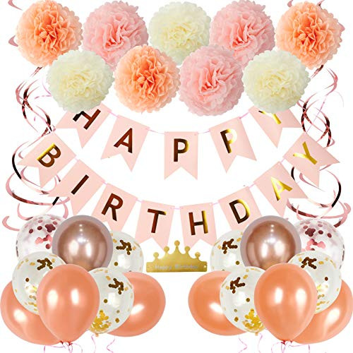 59 Pcs Birthday Party Decorations Kit Pink Happy Birthday Balloons Banner with Pom Poms Flowers Handing Swirl Birthday Supplies Set for Women Girl -Pink-