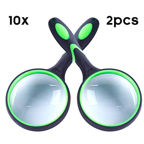 IAMGlobal 10X Magnifying Glass, Handheld Reading Magnifier, 75mm Magnifying Glass Lens, Thickened Rubbery Frame with Non-Slip Soft Handle for Newspaper Reading, Insect, Science for Seniors Kids(2 Pc)